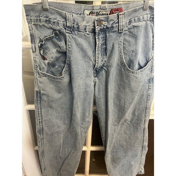 JNCO Mens Light Wash Blue Vintage Low Downs Denim Jeans Distressed Embroidered - Picture 9 of 14